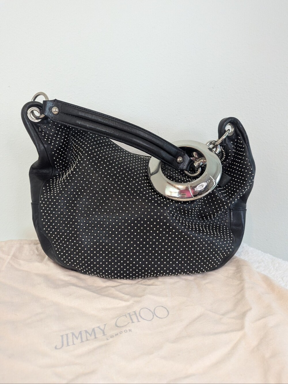 Jimmy Choo Black Studded Leather Solar Hobo Bag with Silver O-Ring Accent